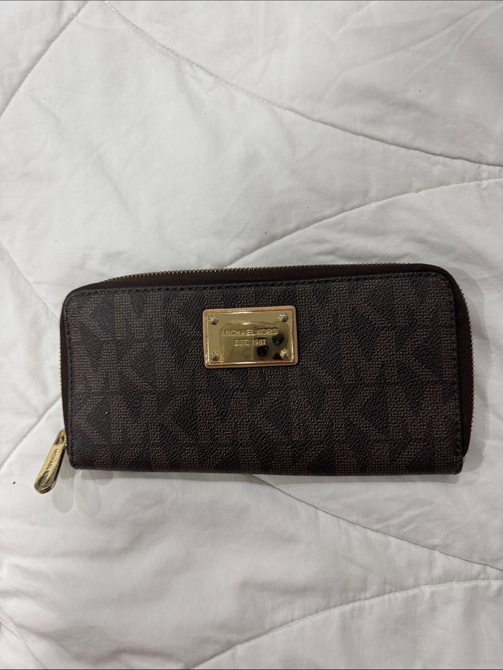 Michael Kors Dark Brown Logo Zip Wallet with Gold Plaque